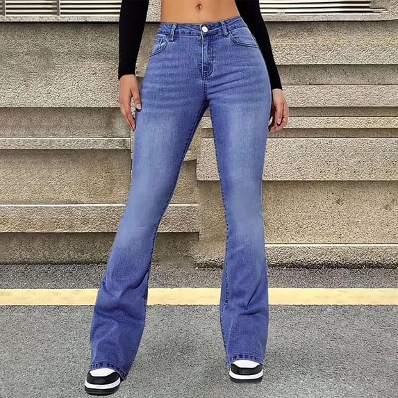 Women's Slim Fit Bootcut Jeans, Vintage Wash High Waist Denim Pants, Flared Jeans for Casual Wear, Street Style and Retro Fashion Outfits,-Blue