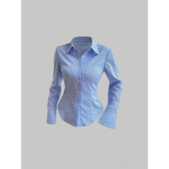 Women's Slim Fit Button Front Blouse Collared V-Neck Long Sleeve Shirt with Fitted Waist and Curved Hem