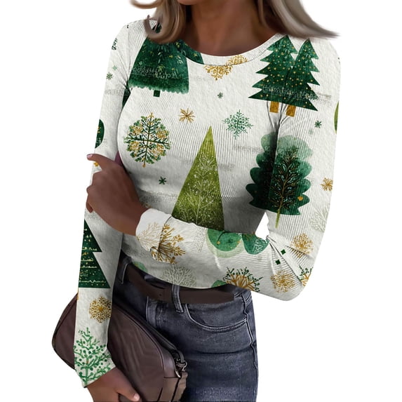 Women's Slim Fit Christmas Print Round Neck Long Sleeve Base Layer Tee - Green - M