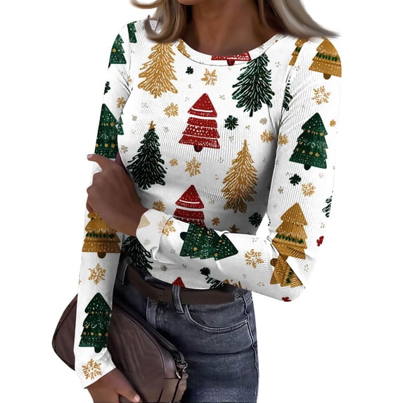 Women's Slim Fit Christmas Print Round Neck Long Sleeve Base Layer Tee - Yellow - L