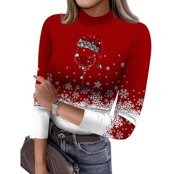 Women's Slim Fit Christmas Printed High Neck 3/4 Sleeve Pullover Top, Fashion Casual Base Layer T-Shirt, Holiday Tight Fit Blouse,Wine,XL