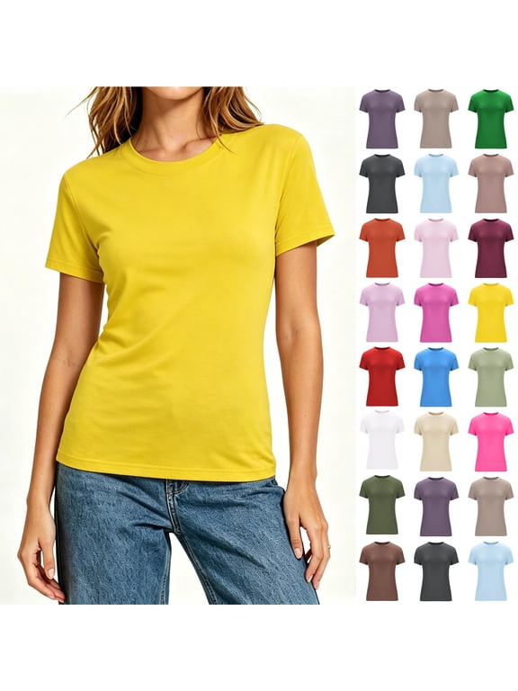 Women's Slim Fit Crew Neck Short Sleeve Basic T-Shirt, Women’s Summer Fitted Cropped Slim Top, Women's ,Size XS-XL