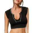 thumbnail image 1 of Womens Slim Fit Crop Tops Cap Sleeve V Neck Contrast Color Short T-shirt, 1 of 9