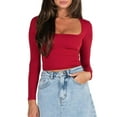 thumbnail image 1 of Women's Slim Fit Crop Tops Long Sleeve Square Neck Solid Color T-Shirt, 1 of 9