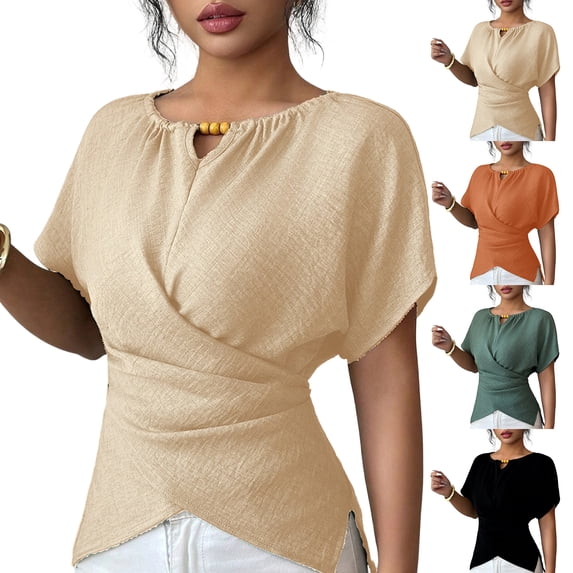 Women's Slim Fit Cross Wrap V-Neck Top,Soft Stretchy Solid Color Short Sleeve Pullover Blouse,Casual Temperament Shirt for Dating Summer Parties Beach Beige L