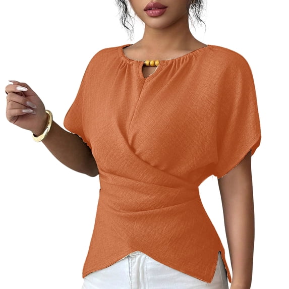 Women's Slim Fit Cross Wrap V-Neck Top,Soft Stretchy Solid Color Short Sleeve Pullover Blouse,Casual Temperament Shirt for Dating Summer Parties Beach Orange L