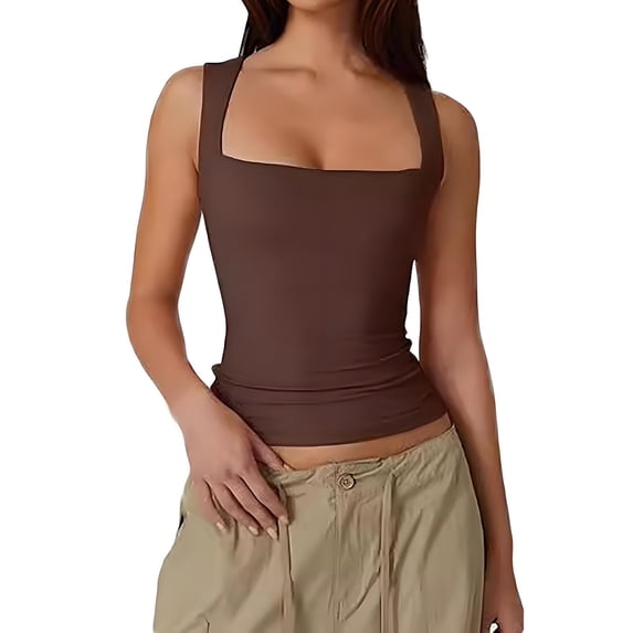 Women's Slim Fit Double-Layer Tank Top Square Neck Sleeveless Basic Fitted Tee Shirt