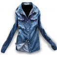thumbnail image 1 of Women's Slim Fit Double Pocket Long Sleeve Button Down Denim Jean Shirt, 1 of 2