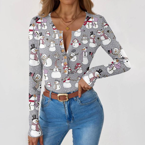 Women's Slim Fit Fall Winter Gradient Print Round Neck Button Front Long Sleeve Pullover Top, Fashion Casual Base Layer T-Shirt Blouse,Gray,XL