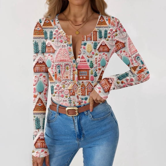 Women's Slim Fit Fall Winter Gradient Print Round Neck Button Front Long Sleeve Pullover Top, Fashion Casual Base Layer T-Shirt Blouse,Light pink,XL