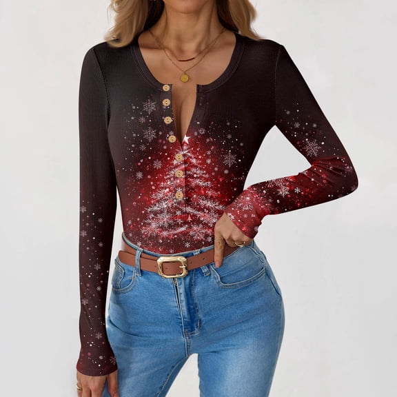 Women's Slim Fit Fall Winter Gradient Print Round Neck Button Front Long Sleeve Pullover Top, Fashion Casual Base Layer T-Shirt Blouse,Wine,XL