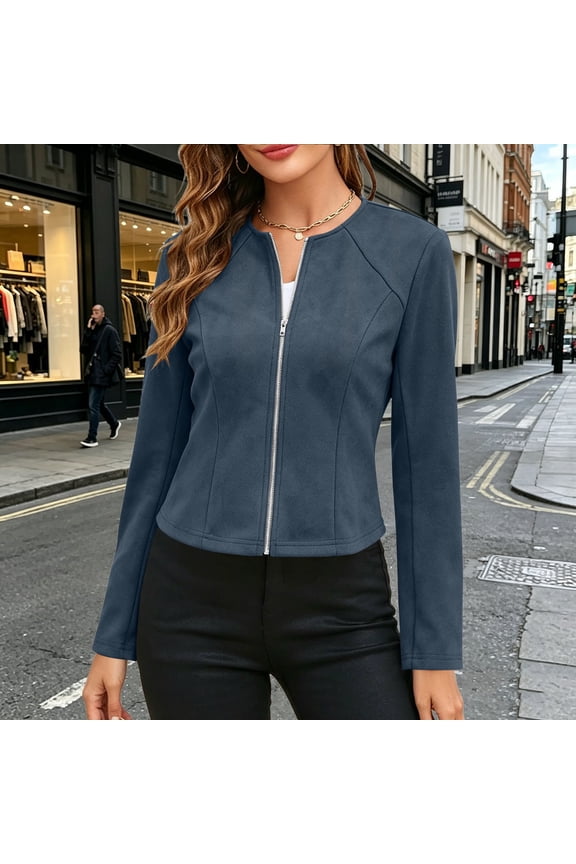 Women's Slim Fit Faux Suede Cropped Jacket Full Zip Stand Collar Long Sleeve Moto Outerwear Solid Color Short Coat Navy S