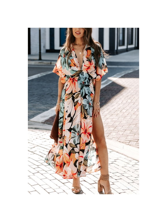 Women's Slim Fit Floral Print Dress, Summer V-Neck Dress, Vacation Style