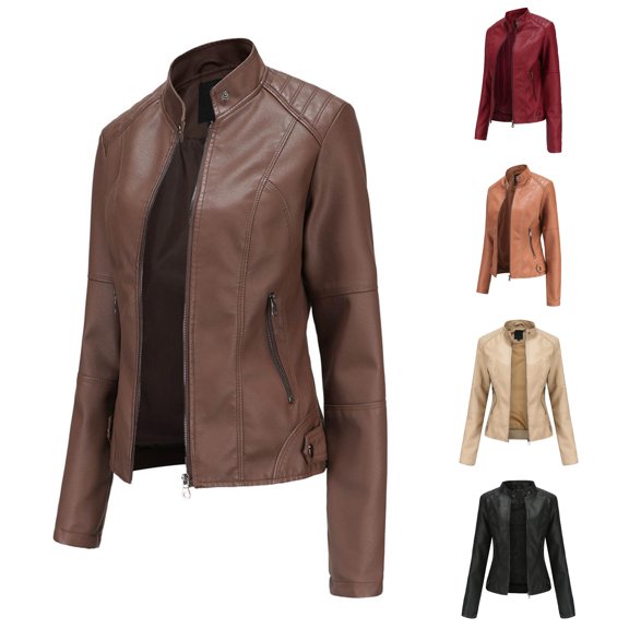 Women's Slim-Fit Fux Leather Zipper Stand Collar Biker Jacket Coat