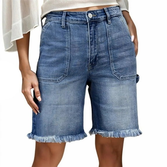 Women's Slim Fit High Waist Denim Shorts Vintage Washed Blue, Raw Edge Hem for Casual Summer Style,Dark Blue L