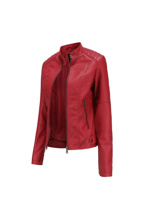 Women's Slim Fit Leather Faux Jackets Fall 2025 Quilted Moto Outwear Stand Solid Collar Color Bomber Jacket Womens Coats with Zipper Pockets