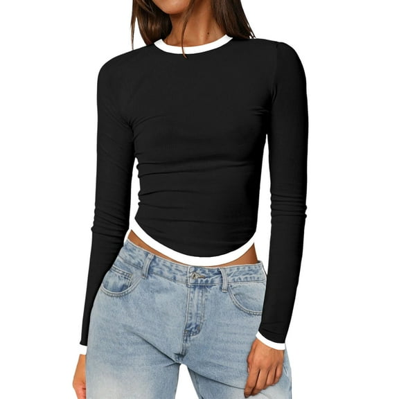 Women's Slim Fit Long Sleeve Crop Top Tee Shirt Basic Solid Round Neck Tight Yoga Workout Casual Comfortable Stretchy Soft Fabric