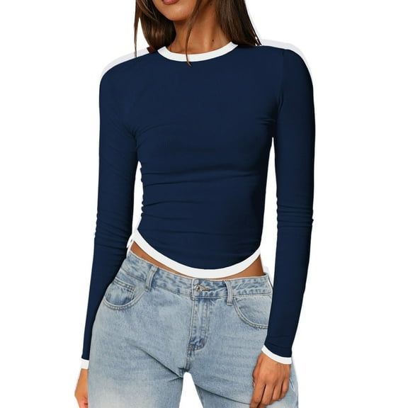 Women's Slim Fit Long Sleeve Crop Top Tee Shirt Basic Solid Round Neck Tight Yoga Workout Casual Comfortable Stretchy Soft Fabric