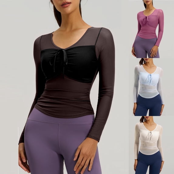 Women's Slim Fit Long Sleeve Mesh Top Shirts Blouses for Yoga Sports Fitness Casual Daily Wear Loungewear Fashion Essential Gift for Women | CSEONE,Purple XL
