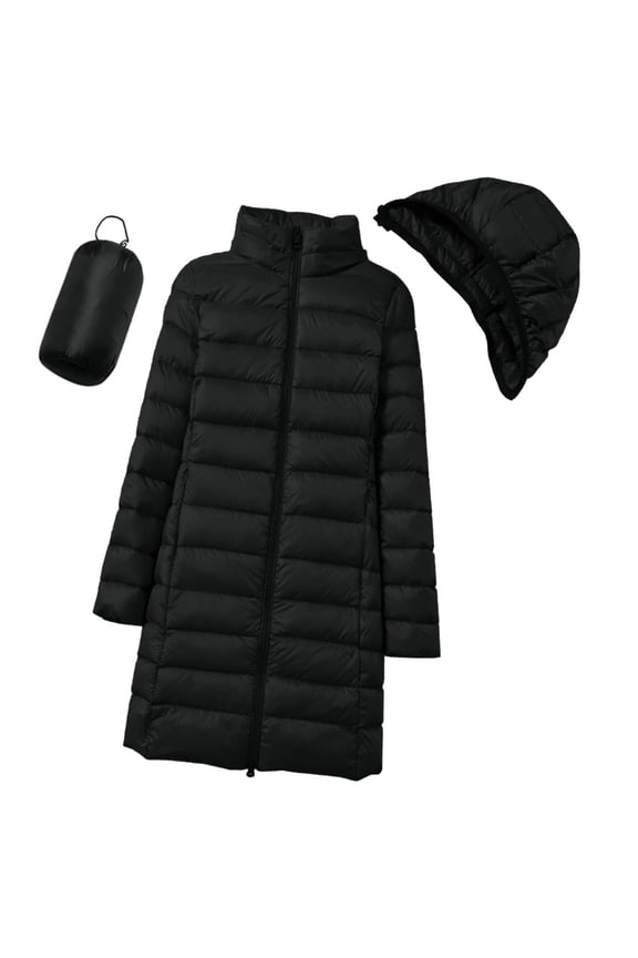 Women's Slim Fit Mid-Length Puffer Coat, Detachable Hood Down Jacket, Long Sleeve Zipper Jacket, Casual Winter Coat, Warm Tapered Coat Black XXL