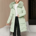thumbnail image 1 of Women's Slim Fit Mid-Length Puffer Coat, Waist Defining Quilted Jacket, Faux Fur Trim Hooded Parka, Winter Fashion Coat, Cold Weather Outerwear, Tapered Waist Parka Green XXL, 1 of 4