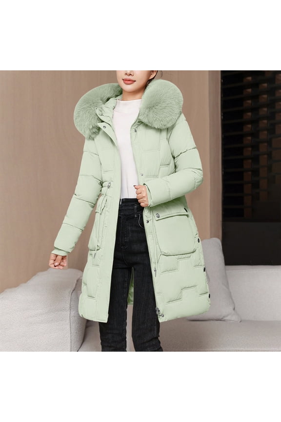 Women's Slim Fit Mid-Length Puffer Coat, Waist Defining Quilted Jacket, Faux Fur Trim Hooded Parka, Winter Fashion Coat, Cold Weather Outerwear, Tapered Waist Parka Green XXL