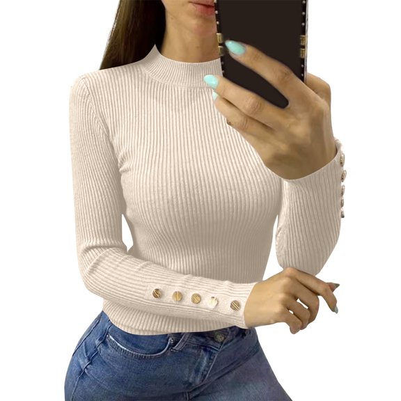 Women's Slim Fit Mockneck Ribbed Knited Shirts Long Sleeve Basic Button Cuff Undershirts Soft Winter Fashion Base Layer Beige M