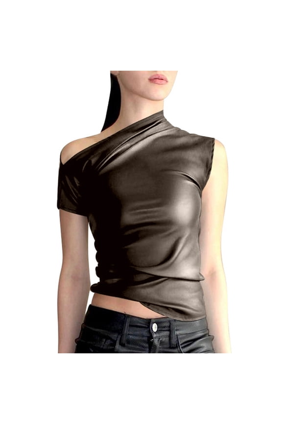 Women's Slim Fit Off Shoulder Leather Top Summer Streetwear, Soft PU Material, Multiple Sizes