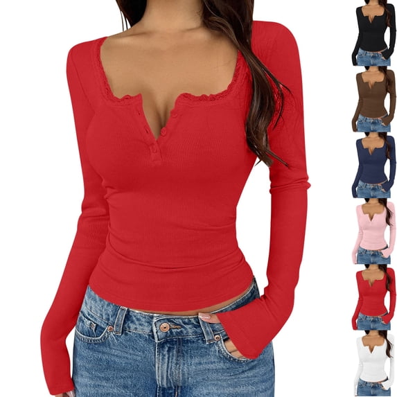 Women's Slim Fit Ribbed Knit Long Sleeve Henley Shirt Deep Scoop V Neck Tops with Lace Trim Going Out Shirts for Date Night Streetwear, Red, L