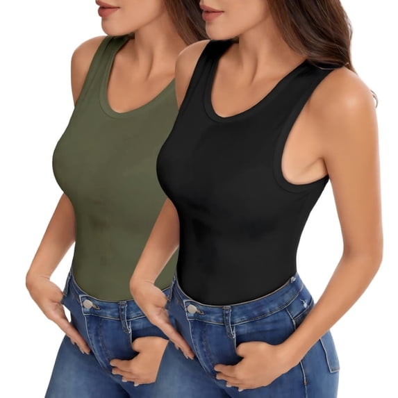Women's Slim Fit Ribbed Knit Racerback Tank Tops 2-Pack Crew Neck Sleeveless Shirts Black/Green