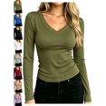thumbnail image 1 of Women's Slim Fit Ribbed Long Sleeve V-Neck T-Shirt Knit Basic Layering Casual Everyday Fall Winter Top, 1 of 7