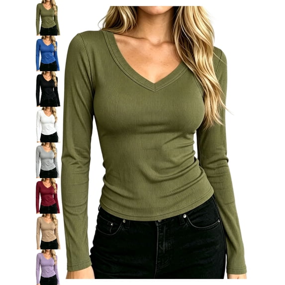 Women's Slim Fit Ribbed Long Sleeve V-Neck T-Shirt Knit Basic Layering Casual Everyday Fall Winter Top