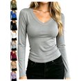 thumbnail image 1 of Women's Slim Fit Ribbed Long Sleeve V-Neck T-Shirt Knit Basic Layering Casual Everyday Fall Winter Top, 1 of 7
