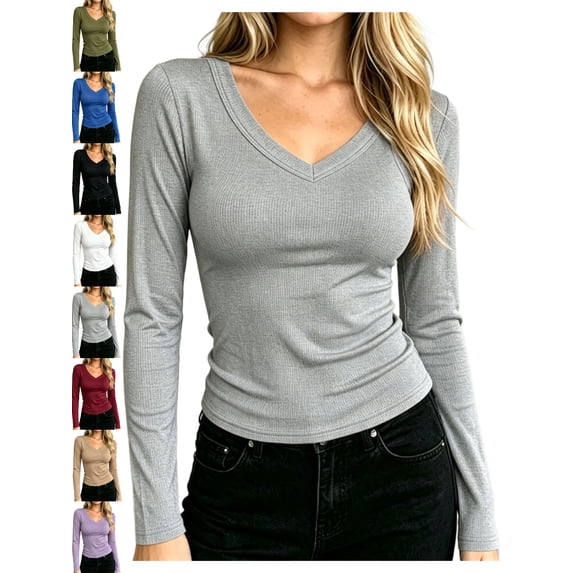 Women's Slim Fit Ribbed Long Sleeve V-Neck T-Shirt Knit Basic Layering Casual Everyday Fall Winter Top