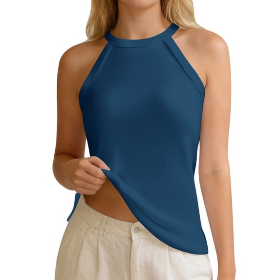 Women's Slim Fit Ribbed Longline Built in Bra Camisole Tank Top Sleeveless Layering Undershirt Solid Crew Neck Tops Blue XL