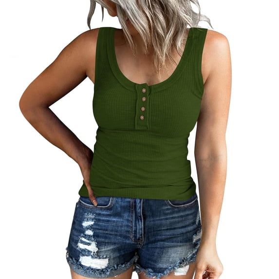 Women's Slim Fit Ribbed Tank Tops Sleeveless Henley Button down T Shirts Summer Casual Tee Tops
