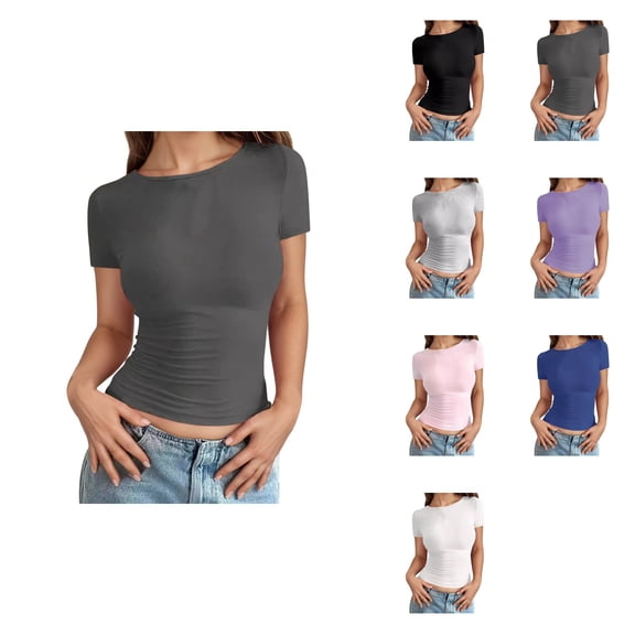 Women's Slim Fit Round Neck T-Shirt, Soft Breathable Short Sleeve Casual Top for Everyday Wear, 2025 Trendy Summer Crew Neck Tee