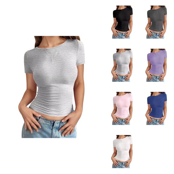 Women's Slim Fit Round Neck T-Shirt, Soft Breathable Short Sleeve Casual Top for Everyday Wear, 2025 Trendy Summer Crew Neck Tee
