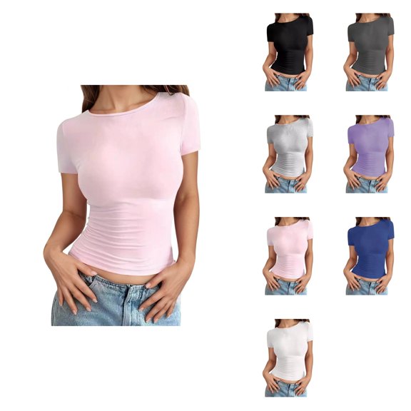 Women's Slim Fit Round Neck T-Shirt, Soft Breathable Short Sleeve Casual Top for Everyday Wear, 2025 Trendy Summer Crew Neck Tee