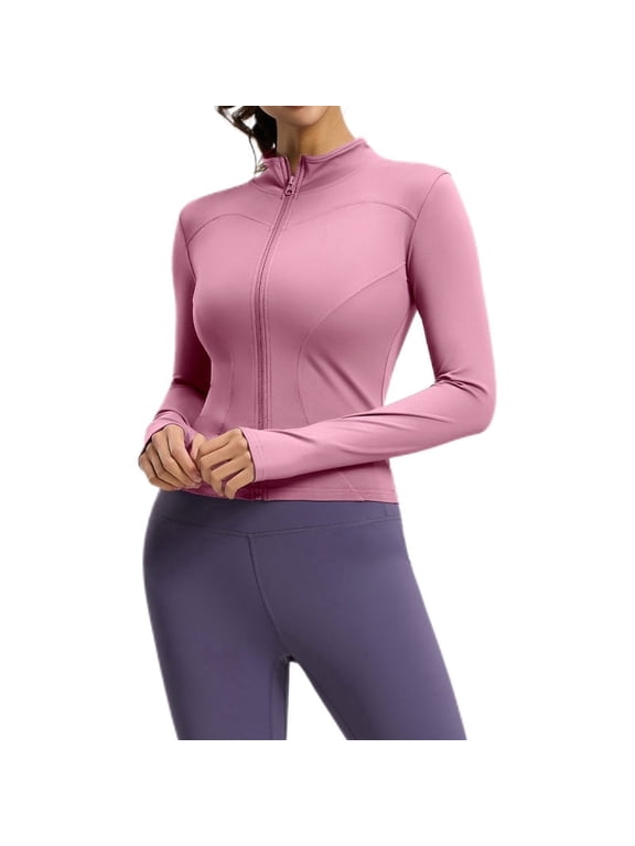Women's Athletic Jackets Yoga Workout Jacket Full Zip Tops with Long Sleeve and Thumb Holes for Gym Running Activewear(L,Pink)