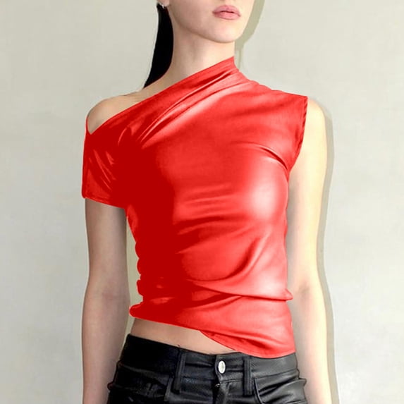 Women's Slim Fit Off Shoulder Leather Top Summer Streetwear Fashion Shirt 2x Women Tops Ballet Tops for Women Athletic Women 42b Camisole Womens Training Top 90s Top Women Baggy Womens Top Bra