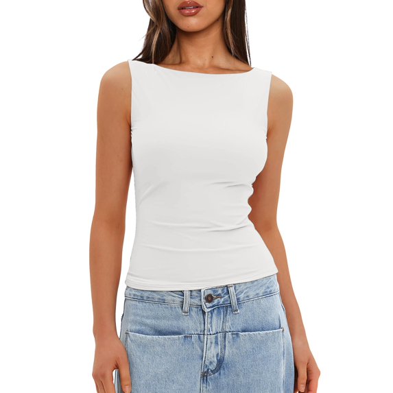 Women's Slim Fit Sleeveless Layering Shirt, Casual Outerwear Top for Summer Street Style or Office Looks,White 2XL
