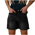 thumbnail image 1 of Women's Slim Fit Solid Color Denim Shorts Mid-Thigh Length, Stretch Fabric for Comfort, Distressed Hem Casual Streetwear,Black L, 1 of 5