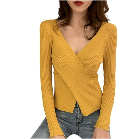 Women's Slim Fit Sweater Cross Front Casual Knit Sweaters Pullover Fall Winter Y2k Korean Style Elegant Tops Yellow, Free Size