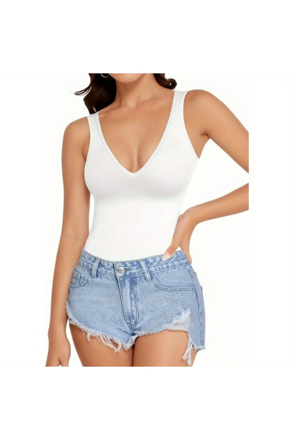 Women's Slim Fit Top, Shaping Tummy-Control Sleeveless Bodysuit, Sexy Deep V-Neck Backless Basic Thong Shapewear, Outdoor Wear