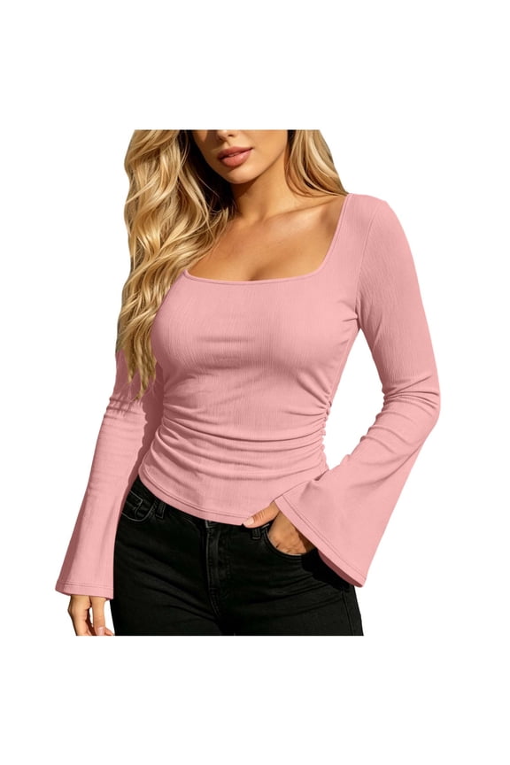Women's Slim Fit Tops Ribbed Knit Soft Base Sweaters Flared Long Sleeve Square Neck Solid Color T-Shirts (S, Pink)