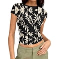 thumbnail image 1 of Women's Slim Fit Tshirts Ribbed Y2k Crop Tops Short Sleeve Crewneck Casual Summer Going Out Printed Tee Shirt (S, Black|Leaves), 1 of 6