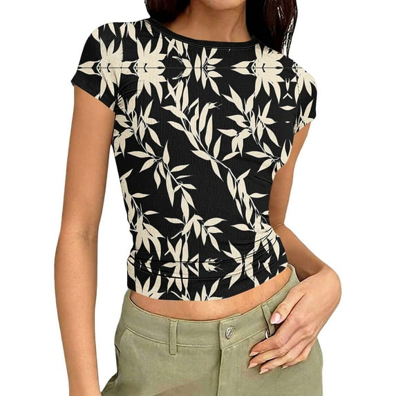 Women's Slim Fit Tshirts Ribbed Y2k Crop Tops Short Sleeve Crewneck Casual Summer Going Out Printed Tee Shirt (S, Black|Leaves)