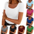 thumbnail image 1 of Women's Slim Fit U Neck Short Sleeve Solid Color Base T-Shirt Tee Comfy Breathable Versatile Casual Daily Wear Weekend Outfits | CSEONE,Light Blue M, 1 of 8