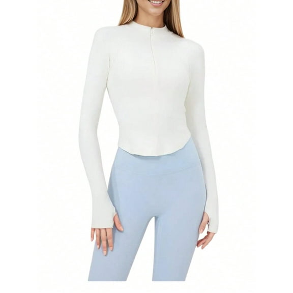 Women's Slim Fit Zip-Up Active Top with Thumb Holes and Raglan Sleeves- Large, White